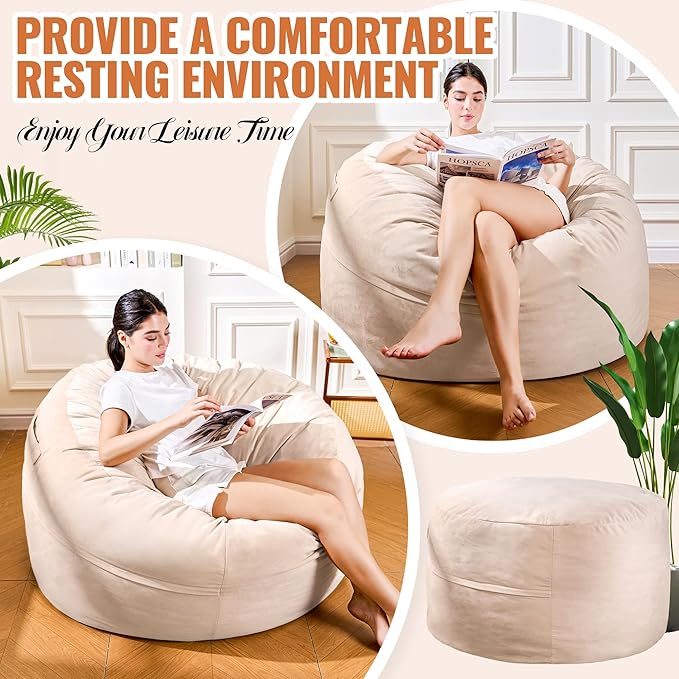 4FT Bean Bag Chair: Bean Bag with Velvet Cover, Fluffy and Comfy Bean Bag Chairs for Adults and Kids, Bean Bag Sofa Filled with High-Density Sponge for Gaming (Yellowish Beige)