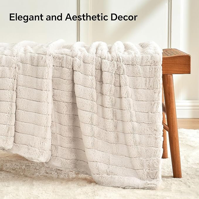 BEDELITE Faux Fur Throw Blanket for Couch, Soft and Cozy 3D Ribbed Fluffy Blanket, Thick Warm Plush Fuzzy Faux Rabbit Fur Blanket for Women Gift (Beige, 50"x 60")