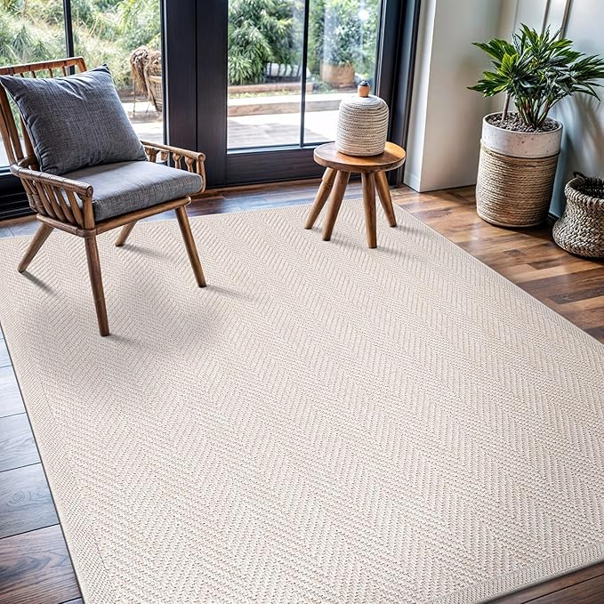 CAMILSON Easy Jute Rug 9x12, Indoor Outdoor Off-White Color Fiber Area Rugs for Living Room and Patio Rug Herringbone Seagrass Boho Woven Design Easy-Cleaning Washable Outside Carpet Alfombras 9 x 12