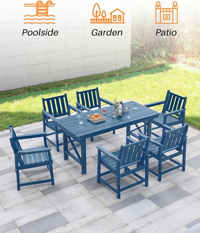 HDPE Patio Dining Set, 5-Piece Outdoor Table and Chairs with Umbrella Hole, Modern Outdoor Dining Set for 4, HDPE Outdoor Patio Furniture Dining Sets for Deck, Poolside, Porch, Navy
