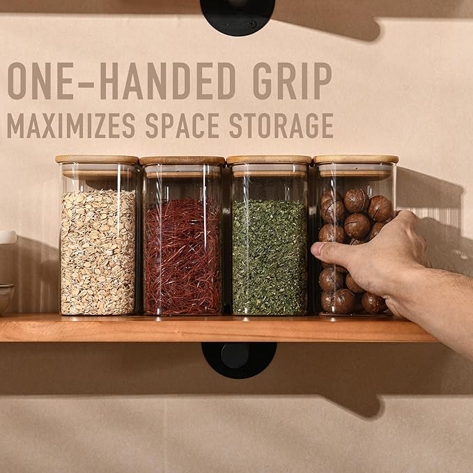 37oz Rectangle Airtight Glass Storage Containers with Bamboo Lids (Set of 4), Square Food Storage Jar, Pantry Organizers for Cereal, Nuts, Snacks and Coffee beans (‎with Black Lable)