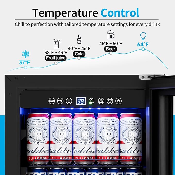 15 Inch Beverage Refrigerator Under Counter - 126 Cans Beverage Fridge with Glass Door for Beer Wine Soda - Built-in or Freestanding Wine Cooler with Safety Lock for Home Kitchen Bar