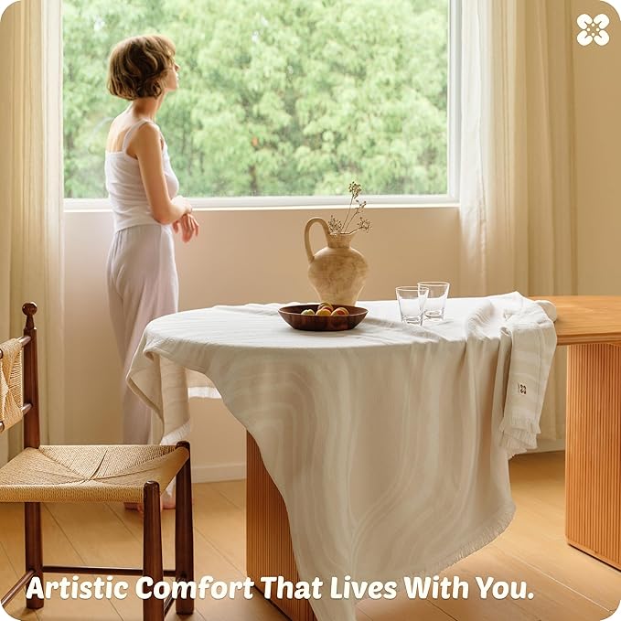 Bedsure 100% Cotton Throw Blanket for Couch - Chenille Woven Textured Blanket Gifts for Women, Cozy and Soft for All Seasons, Home Decor Boho Throw for Bed, Sofa, Oat Milk, 50x60 Inches