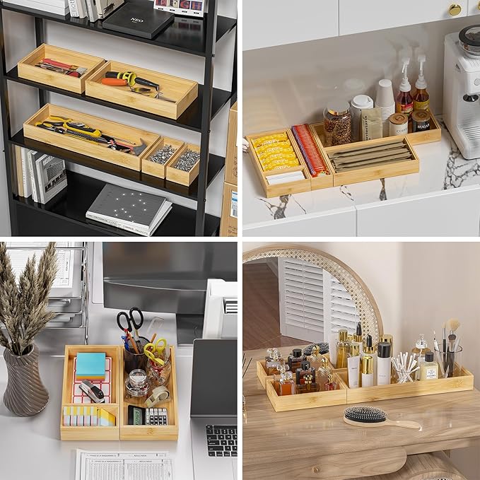Bamboo Drawer Organizer – Set of 2 Stackable Storage Boxes, Silverware Tray & Small Gadget Holder for Kitchen Drawers, 9" x 3" x 2" (Outer), 8.3" x 2.3" x 1.77" (Inner)