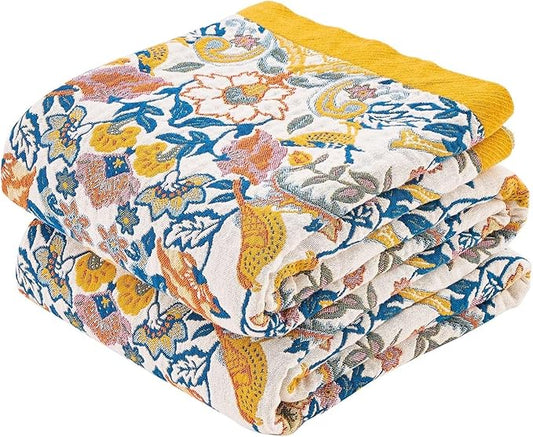 Boho Blanket Throw Quilt, 100% Cotton Soft Light Weight Throw Blankets for Summer, 50"x60" Farmhouse Flower Decorative Blankets, All Season Rustic Reversible Bohemian Throw Quilt