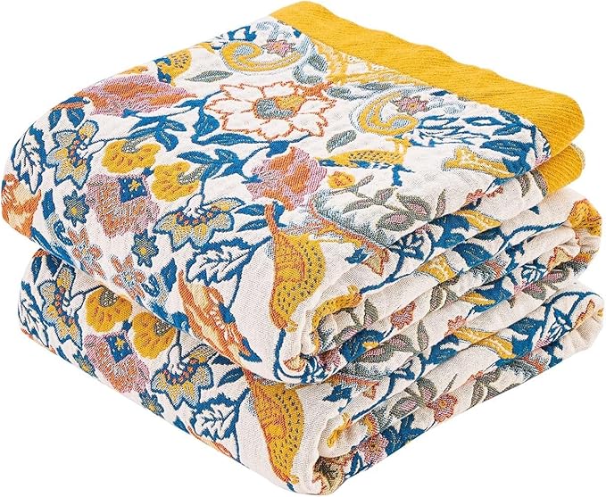 Boho Blanket Throw Quilt, 100% Cotton Soft Light Weight Throw Blankets for Summer, 60"x80" Farmhouse Flower Decorative Blankets, All Season Rustic Reversible Bohemian Throw Quilt