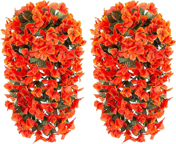 Artificial Bougainvillea Faux Flowers Plants for Outdoors Outside Fall Autumn Decor, 2 PCS Silk Trailing Vines UV Resistant Realistic Orange Fake Flowers for Planter Front Door Porch Patio Balcony