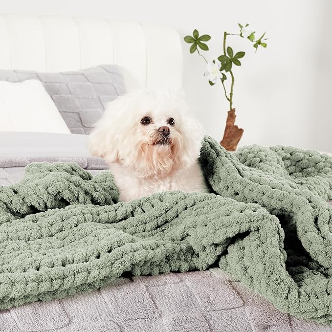 Amélie Home Chunky Knit Throw Blanket for Couch, Soft Chenille Crochet Blanket for Kids, 30"x40", Sage Green