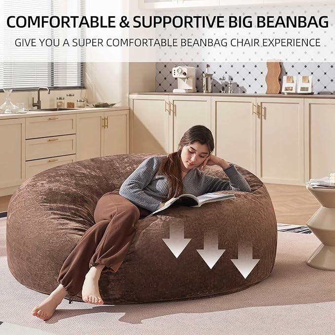Bean Bag Chair 5Ft, Memory Foam Filled, Large Beanbag Chairs for Adults and Teens, Soft Sofa with Removable Flannel Cover, Round Couch for Living Room Bedroom College Dorm (Coffee, 5FT-60×60"×24")