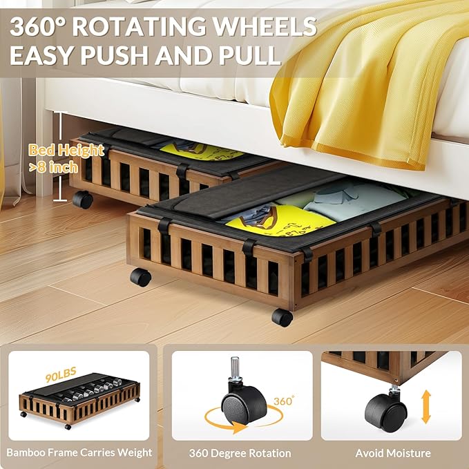 2 Pack Bamboo Under Bed Storage with Wheels, 39”x20”x7.8” Lager Under Bed Storage Containers (Brown)