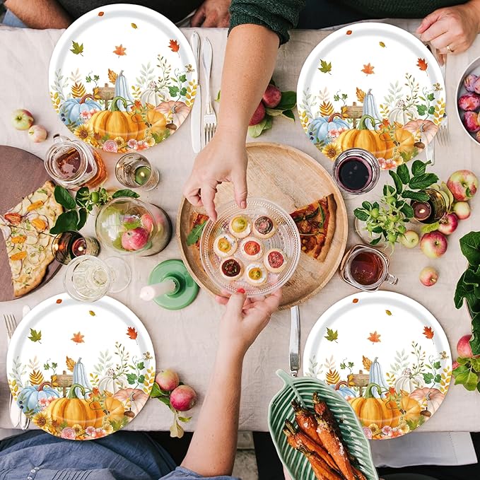 40Pcs Fall Paper Plates and Napkins Party Supplies, Disposable Thanksgiving Pumpkin Flower Wreath Plates Napkins Dinnerware Set for Autumn Theme Party Decorations (Fall)