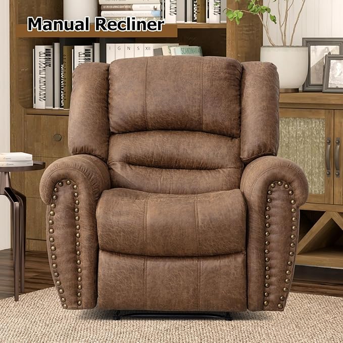 CANMOV Leather Recliner Chair Set of 2, Classic and Traditional Manual Recliner Chair with Comfortable Arms and Back,Manual Single Recliner Sofa for Living Room, Camel