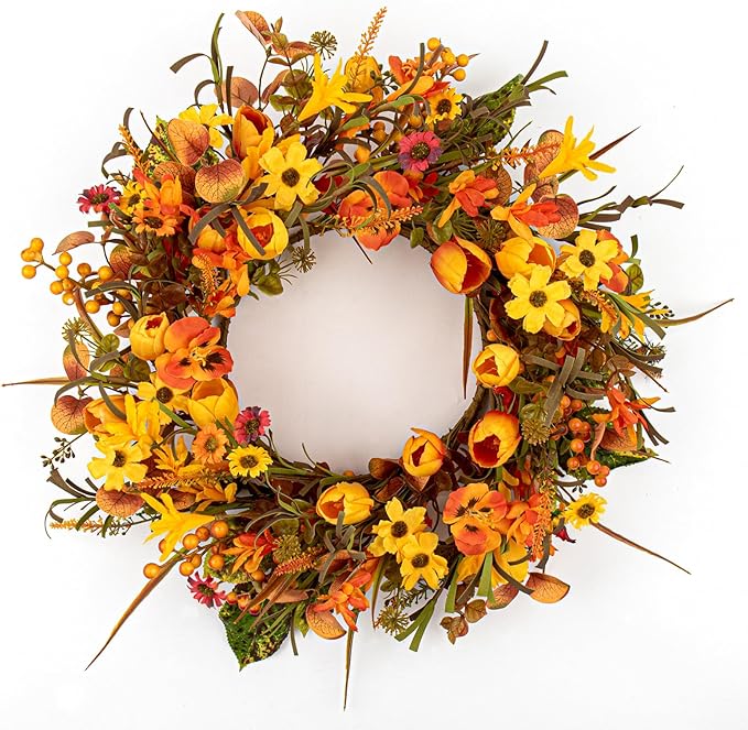 18 Inches Fall Wreaths for Front Door Rustic Autumn Wreath Farmhouse Fall Floral Wreaths with Tulips Phalaenopsis Orange Wildflowers for Wall Window Porch Indoor Outside Decor