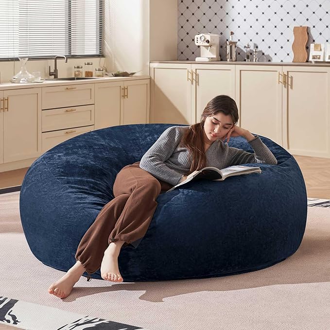 Bean Bag Chair 6Ft, Memory Foam Filled, Large Beanbag Chairs for Adults and Teens, Soft Sofa with Removable Flannel Cover, Round Couch for Living Room Bedroom College Dorm (Blue, 6FT-67×67"×24")