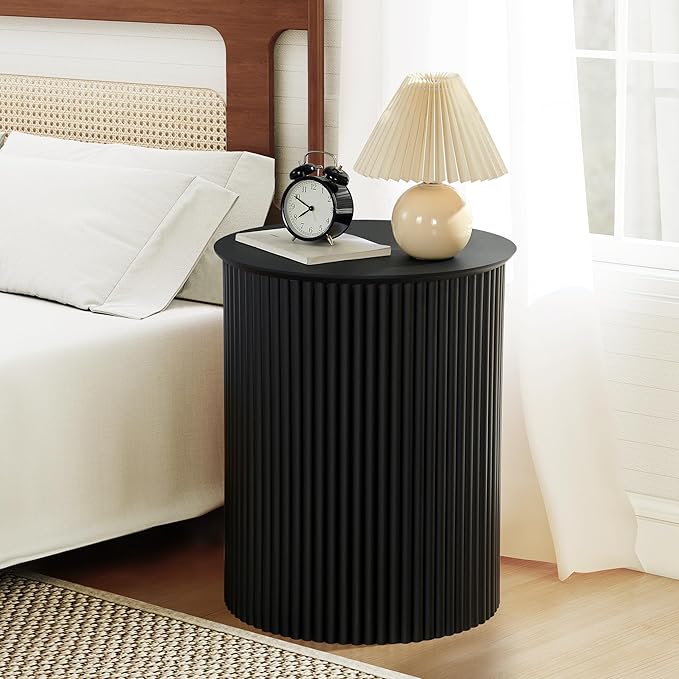 AVZEAR Fluted Round Side Table Small Mid Century End Table, 17.7" Fluted Nightstands Modern Circle Bedside Tables, Black Wood Night Stand for Small Spaces, Living Room, Bedroom (Black)