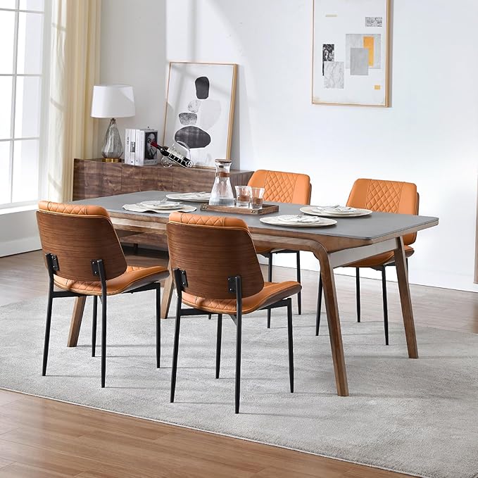 BV Dining Chairs Set of 2, PU Leather Armless Kitchen Chair in Modern Walnut Style, Mid Century Bentwood Side Chair with Metal Legs, Retro Accent Guest Chair for Kitchen Dining Room(Brown)