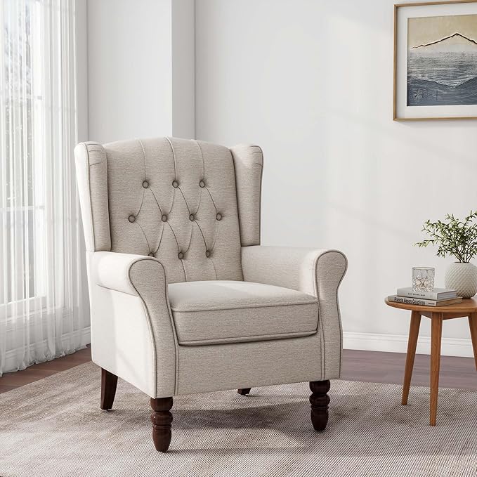 Accent Chair, Upholstered Armchair with Button Tufted High Back & Solid Wood Legs, Comfy Wingback Reading Single Sofa Chair for Small Spaces, Living Room, Bedroom