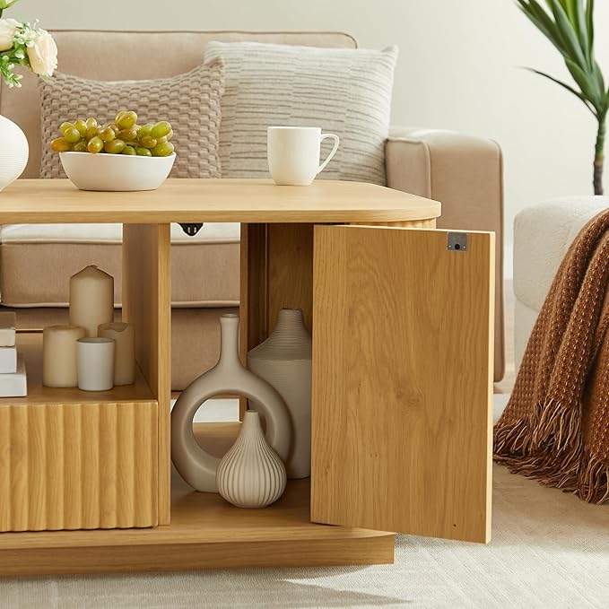 46.5" Oval Coffee Table with Drawers and Storage Mid Century Modern Fluted Solid Wood Side Coffee Tables, Luxury Tea Table Center Table for Living Rooms Offices Apartmen, Natural