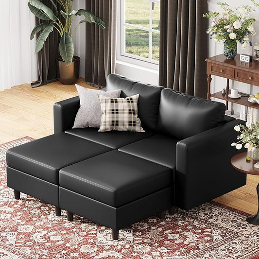 ABCASA 64.6" Faux Leather Loveseat Sleeper Sofa Bed with Storage Seat, Modern Modular Sectional Couch Deep Seat with Reversible Chaise 2-Seat Black for Apartment, Living Room, Bedroom