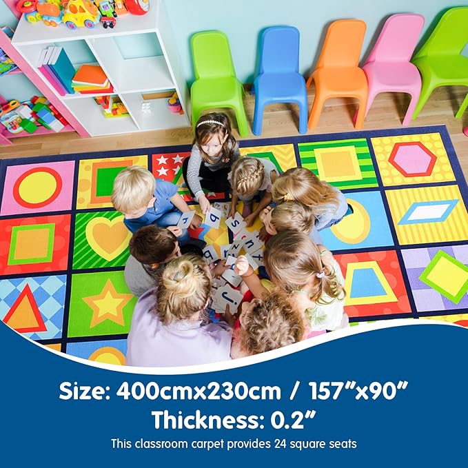 Booooom Jackson Seating Classroom Rug for Kids Room Seating Décor, 7'54''x13'12'' Vibrant Geometric Patterns Large Preschool Carpet Seating Rug for Teaching and Playroom, Non-Slip Rubber Backing