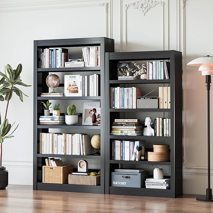 5 Tier Adjustable Black Bookcase, Metal Small Bookshelves and Bookcases, 61" H Display Modern Bookshelf for Living Rooms, Bedrooms, Home Offices, 10 Minutes Assemble