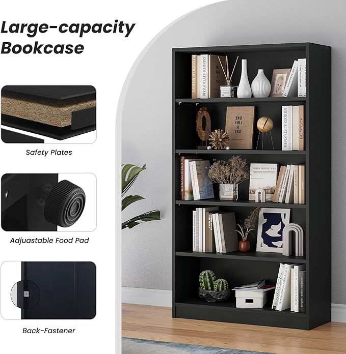 Bookshelf, Open Modern Bookshelf, 5 Shelf Bookcase with Freestanding Display Storage, Wooden Book Shelf for Bedroom, Living Room, Dinning Room, Office, 60 Inch, Black