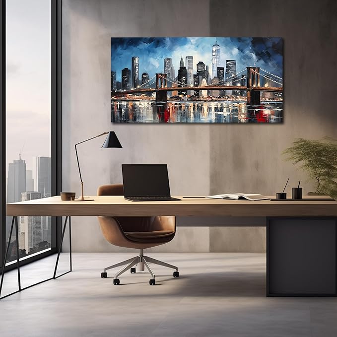 Brooklyn Bridge Wall Decor for Living Room City Canvas Wall Art for Office Blue and Black Bedroom Wall Art 24 x 48 Inch