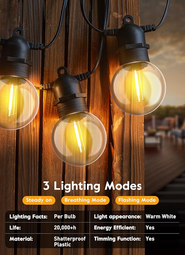 Brightown Outdoor Solar String Lights 34FT - LED G40 Pro Globe Patio Energy Saving with 11 Shatterproof Bulbs, 3 Light Modes Waterproof Hanging Lights for Christmas Outside Garden Backyard Party Decor
