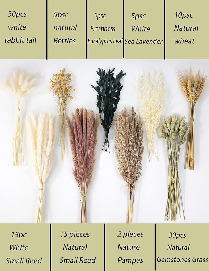 126pcs Dried Pampas Grass Decorations, Dried Flowers, Dried Bouquet in Vase, Reed Grass Bouquet for Boho Floral Wedding, Rustic Farmhouse Decor. (Vase Not Included)