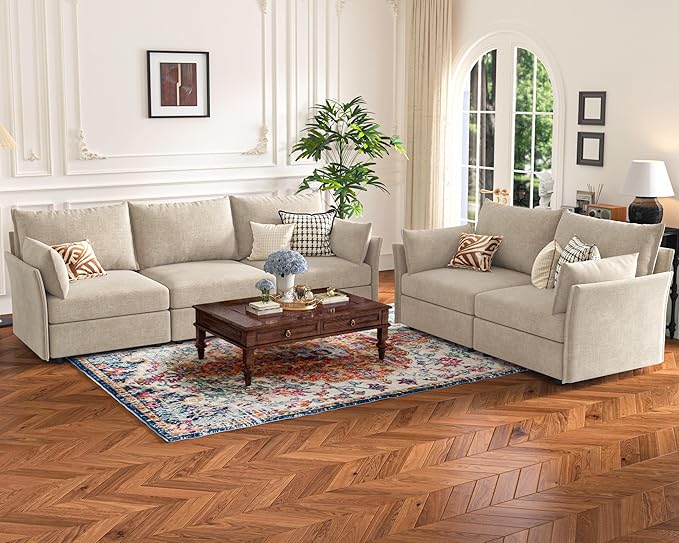 135.5" Oversized Modular Sectional Sofa, L Shaped Convertible Couch with Movable Ottoman, Large 6 Seat Corner Couches for Living Room Deep Seat Beige Chenille