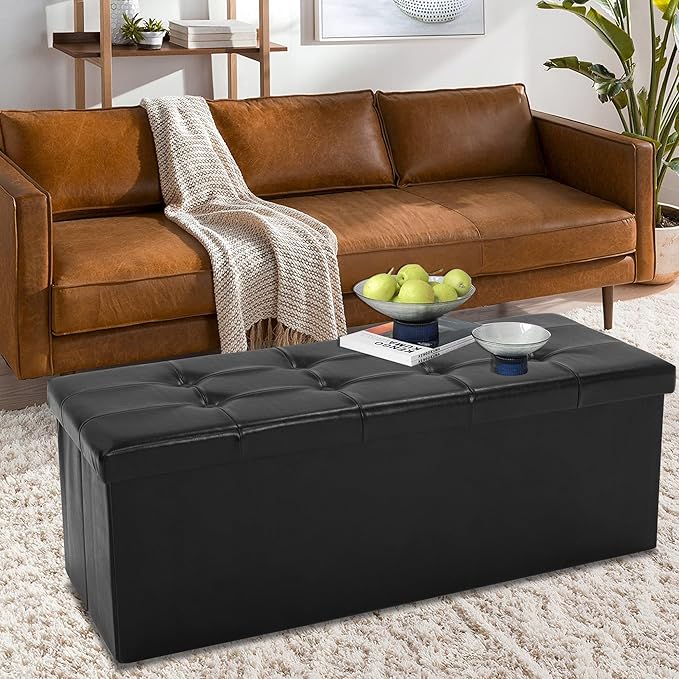 43 Inches Folding Storage Ottoman Bench, PU Leather Storage Chest, Footrest Padded Seat for Bedroom and Hallway, Holds up to 660 lbs, Black