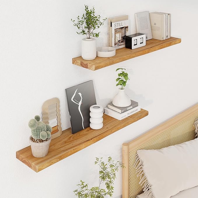 Axeman 36 inch Floating Shelves for Wall - 8'' D Live Edge Rustic Solid Elm Wood Floating Shelves Wall Mounted, Wall Shelves with Invisible Bracket for Living Room Bedroom Kitchen, Set of 2 Natural