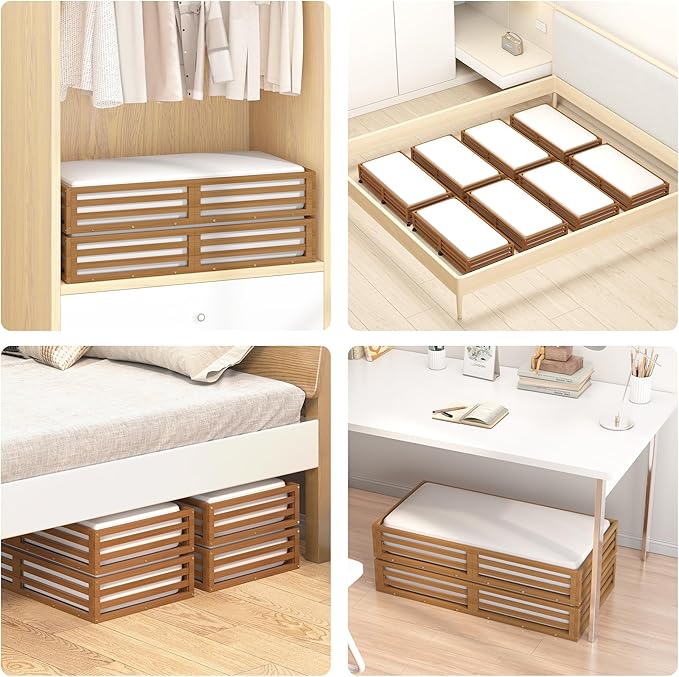 Bamboo Under Bed Storage Containers- Underbed Organizer with Wheels with Large Dust Bag,Sturdy Wood Rolling Under the Bed Shoe Storage Organizer Drawer 2 Packs (Walnut, Long)