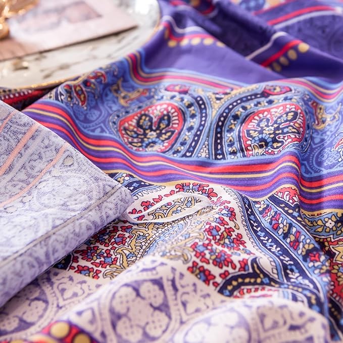 ABREEZE Bohemian Vintage Twin Size Floral Cotton Bedding Set 3Pcs Duvet Cover Set Boho Purple Paisley 100% Egyptian Brushed Cotton Reversible Home Bedding Collection