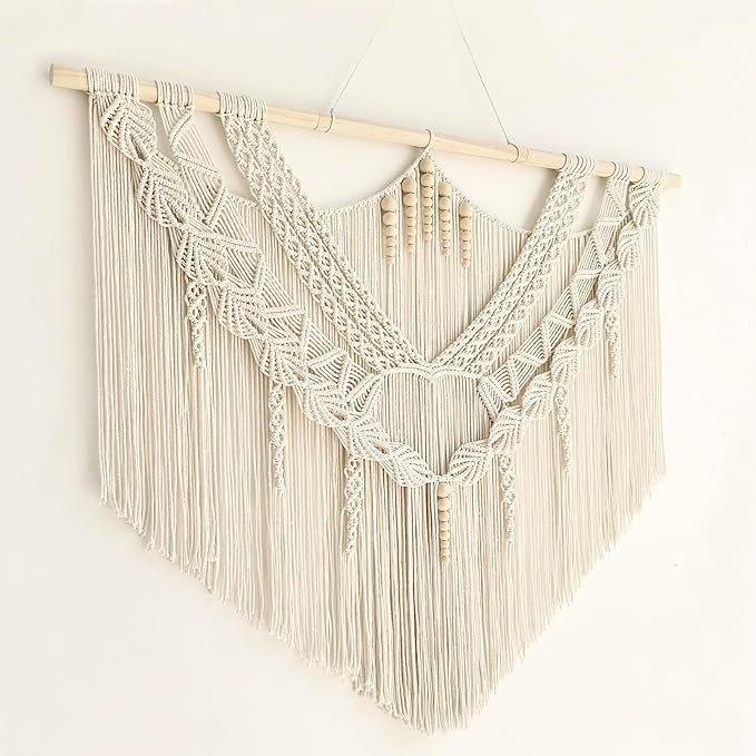 Achart Macrame Wall Hanging Large- Boho Wall Decor- large wall art- Wall Decor Living Room- Macrame Tapestry Boho Decor for Bedroom (Leaf &Wood Bead)