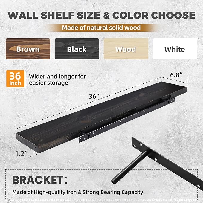 36"x6.8"x1.2" Solid Wood Floating Shelves 2-Pack - Rustic Black Finish with Hidden Brackets, Perfect for Storage and Décor in Living Room, Kitchen, Bedroom