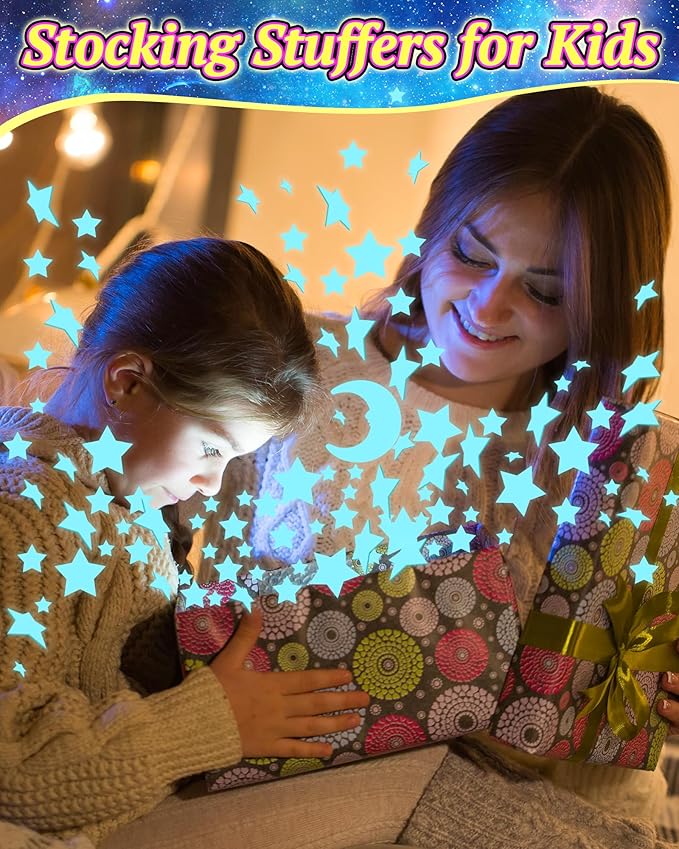 201 Pcs Glow in The Dark Stars Stickers for Ceiling, Toddler Stocking Stuffers Wall Room Decor Gifts, Luminous 3D Glowing Stars Easter Basket Stuffers for Kids Boys Girls