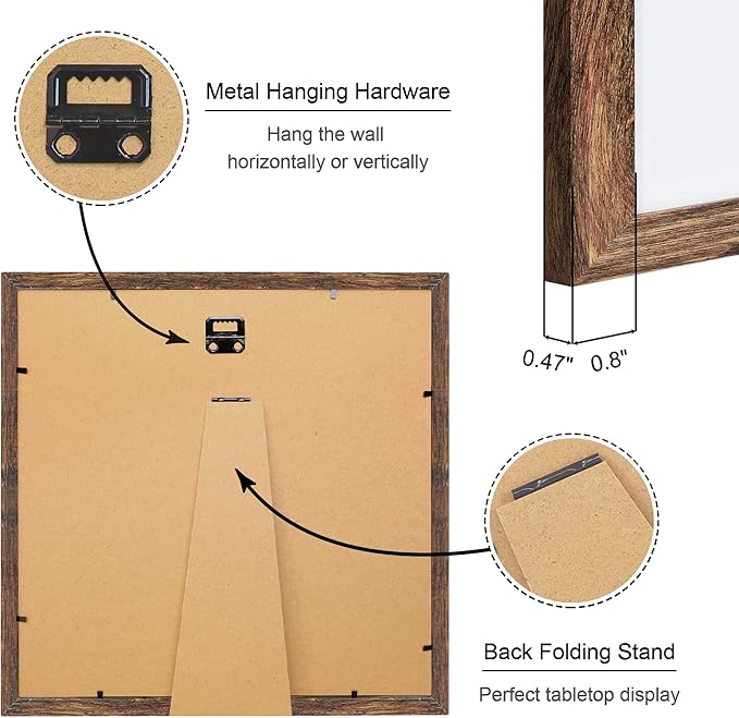 12x12 Picture Frame Set of 4, 12 x 12 Wood Photo Frames with Mat for 10x10 or 30x30cm Diamond Painting Art, Wooden Frame with Real Glass Cover for Wall and Tabletop Display,Rustic Brown