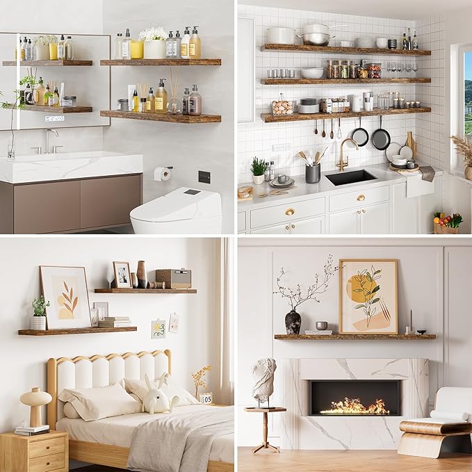 Heimlove 40 Inches Floating Shelves for Wall,9.3" Deep Rustic Brown Long Floating Shelves Set of 2,Large Display Shelf & Storage Shelf,Wall Shelf for Bathroom Bedroom Living Room Kitchen Office