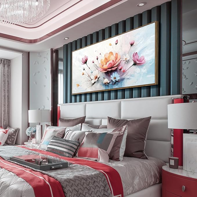 amatop Framed Floral Canvas Wall Art Picture Large Pink Blue Abstract Bloom Bouquet Print with Daisy Peony Elegant Botanical Nature Artwork for Living Room Bedroom Dining Room Entryway Decor 48x24 inch