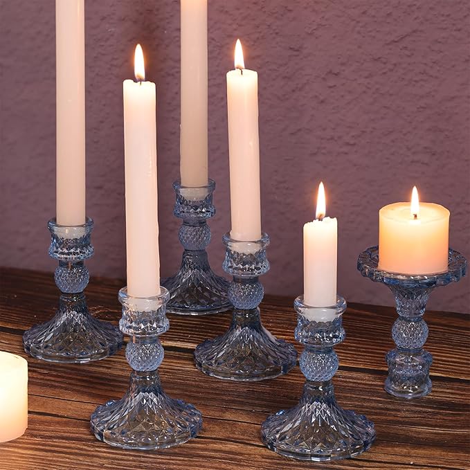 12Pcs 4" H Aqua Blue Candlestick Holders Set- Taper Candle Holders Bulk, Glass Candle Holders for Wedding, Party, Romantic Dinner Table Centerpieces, Festival Gifts & Windowsill Decor