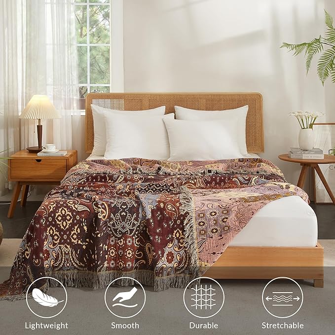 Boho Throw Blanket for Couch Sofa Bed, 100% Cotton Woven Quilt with Tassel 80”x90”, Super Soft Muslin Blanket with Patchwork Printed, Decorative Reversible Bed Blanket/Cover for All Seasons