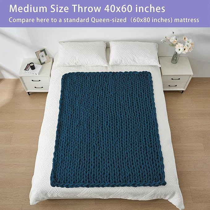 Bigacogo Chunky Knit Throw Blanket for Couch, 40x60 inches, 100% Hand Knitted with Thick Jumbo Chenille Yarn, Cozy Soft Large Rope Knot Cable Crochet Blankets for Sofa Bed Living Room, Deep Sea Blue