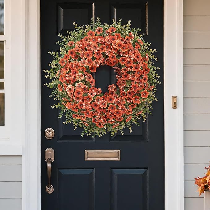 26" Fall Wreath for Front Door, Porch, Window - Large Artificial Boxwood Leaves with Fake Daisy Flowers Outdoor Wreath Faux Eucalyptus for Home Farmhouse Harvest Festival Thanksgiving Day Autumn Decor