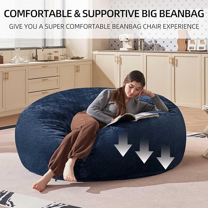 Bean Bag Chair 5Ft, Memory Foam Filled, Large Beanbag Chairs for Adults and Teens, Soft Sofa with Removable Flannel Cover, Round Couch for Living Room Bedroom College Dorm (Blue, 5FT-60×60"×24")