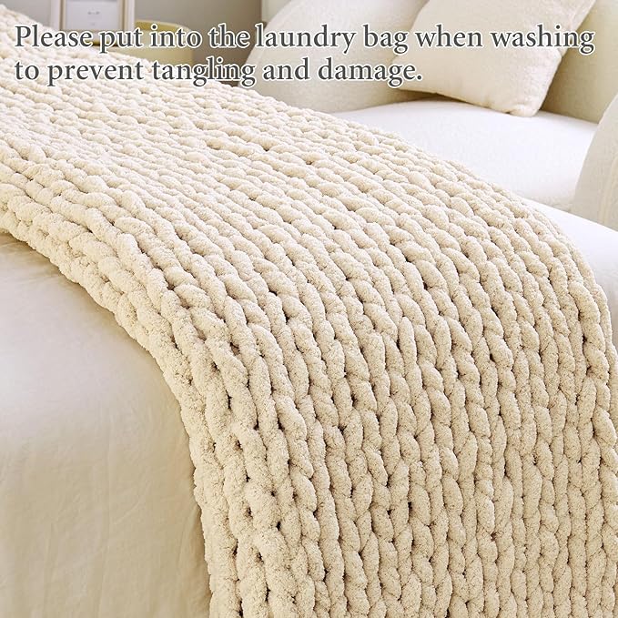 Admitrack Chunky Knit Blanket Throw, 100% Hand Knit Chenille Throw Blanket for Sofa & Home Decor, Soft and Cozy Knitted Throw Blankets (Ivory，40"x50")