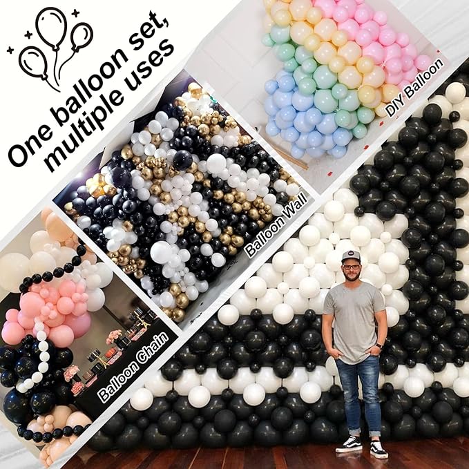 Black Linking Balloons, 120PCS Linked Balloon with Tail for Balloon Wall Arch and Chains, Quick Linkable Balloons for Wedding Birthday Baby Shower Engagement Graduation Party Decorations (6+10inch)