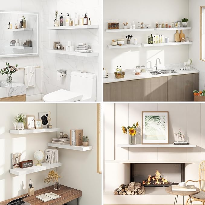 36 Inches Floating Shelves for Wall, 9.3" Deep Long Floating Shelves Set of 2, Large Display & Storage Shelf, Wall Shelf for Bathroom Bedroom Living Room Kitchen Office, White