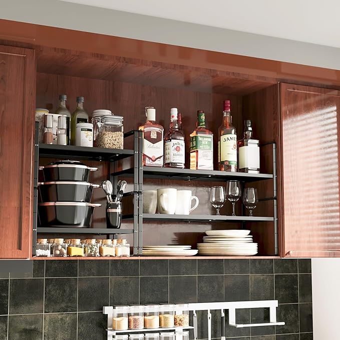 16.5~27.1" Expandable Shelf Organizer, 1Pack 8.1" Wide Stackable Cabinet Shelf Organizers, Black Metal Sturdy Kitchen Counter Storage for Countertop, Adjustable Height Spice Rack