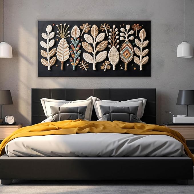 Boho Black Wall Art Chic Home Wall Art Modern Multicolor Leaves Feather Canvas Wall Art Decor For Living Room Bedroom Apartment Kitchen 24"W X 48"L Ready To Hanging